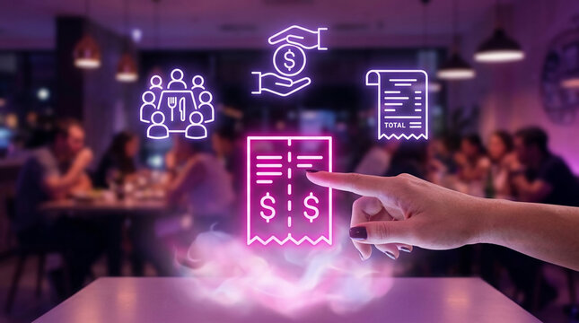 Hand Pointing at Neon Restaurant Bill Split Icon with Payment and Receipt Graphics in a Blurred Dining Room Setting for Digital Fintech Solutions