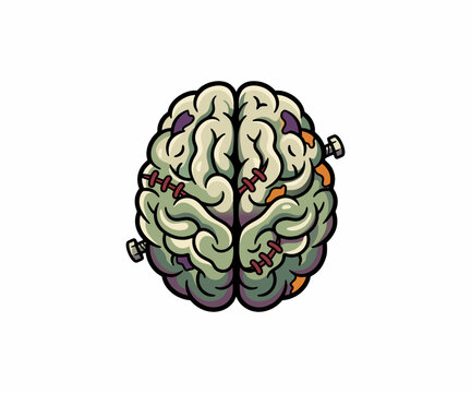 Spooky zombie Frankenstein brain illustration with stitches and metal bolts, perfect for Halloween graphics.
