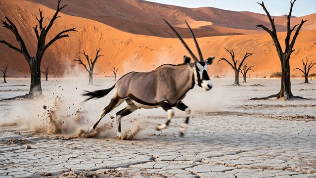 Gemsbok running through Deadvlei with dead trees and red sand dunes kicking up dust on the dry cracked earth of the Namib desert