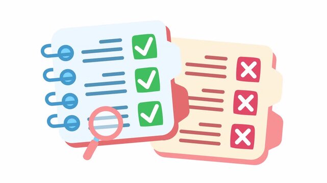 Approved notebook checklist and rejected document folder with checkmarks and cross marks icon isolated on an alpha channel for document verification symbol in a cartoon animation.