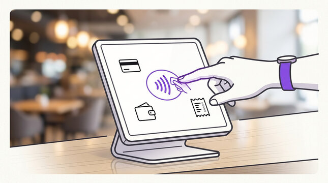 Contactless Payment Method and POS Terminal Illustration on a Cafe Background with NFC Technology for Secure Digital Wallet Transactions and Fast Checkout