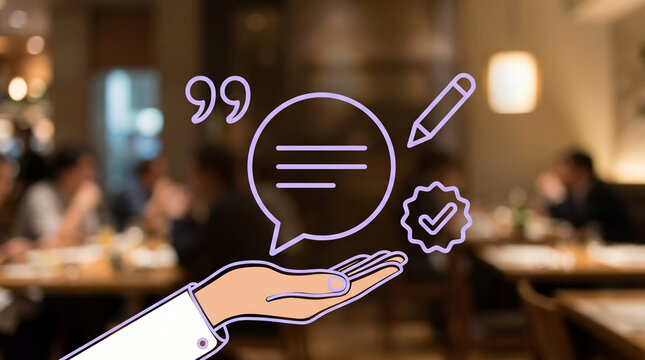 Customer feedback and testimonial concept illustration with a hand holding a speech bubble and icons over a warm blurred restaurant dining background