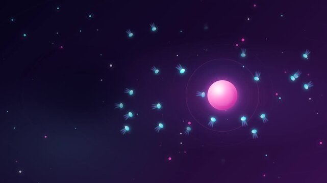 A stylized abstract representation of an atomic structure with a glowing pink nucleus and orbiting blue electrons against a dark, cosmic background.