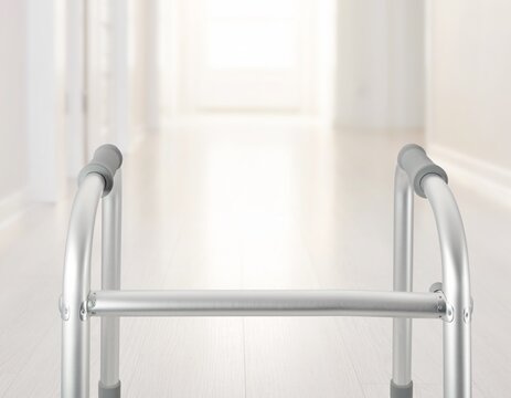 Top of a plain aluminium walking frame standing on a pale wooden floor in a hallway