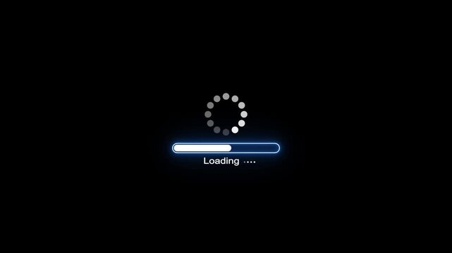 A loading bar with a blue neon outline and a partially filled white bar is accompanied by a circular spinning of white dots, all centered on a black background, indicating a process in progress or