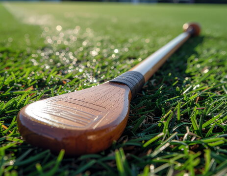 Traditional wooden hurling stick precisely placed on a vibrant green sports field, reflecting the rich heritage and readiness for an exciting Gaelic game