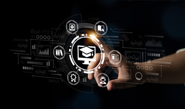 Hand Interacting with Digital Education Icons and Data Visualizations on a Dark Background, Representing Online Learning and Technology Integration. Entropy.