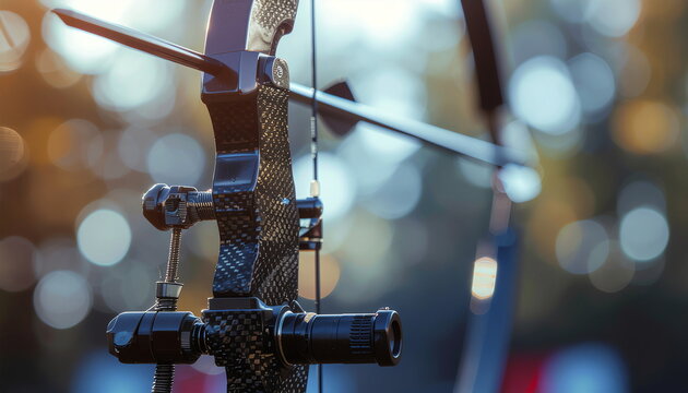 Professional Archery Bow and Arrow Close Up with Carbon Fiber Riser and Precision Sight in Dramatic Sunlight