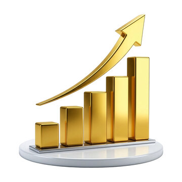 Golden 3D financial bar chart on white podium stage showing positive business growth trend