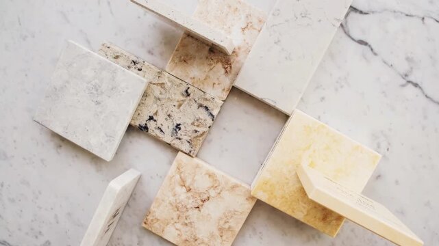 Overhead view of luxury marble and granite stone tile samples arranged on a light background, perfect for interior design, architecture, and construction projects.