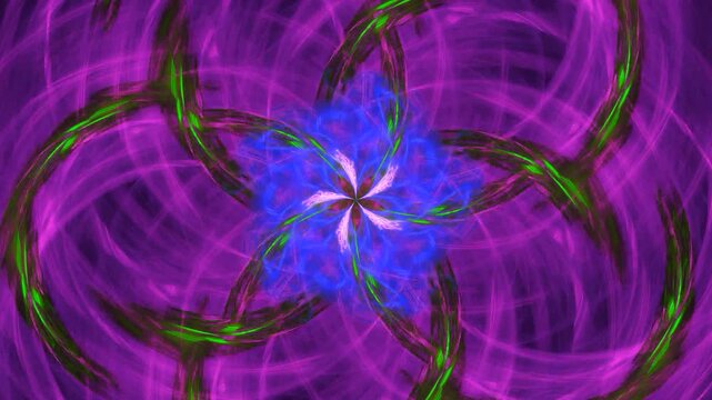 Vibrant purple and green glowing fractal motion background featuring intricate floral geometric patterns, ideal for sci-fi, psychedelic visuals, or party visuals.