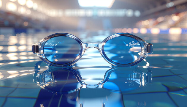 Blue professional swimming goggles resting on the calm water surface of an indoor pool with reflections and a soft blurred background