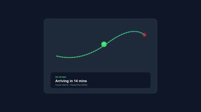 Real-time delivery tracking animation with progress path and estimated arrival time ui interface 4k logistics