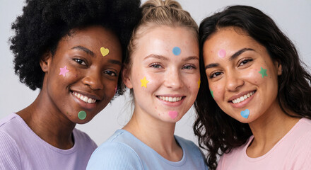 Fototapeta premium Three Young Women with Colorful Heart and Star Face Stickers