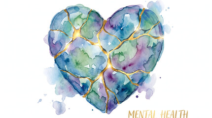 Fototapeta premium Abstract watercolor kintsugi heart with gold veins symbolising emotional healing and resilience