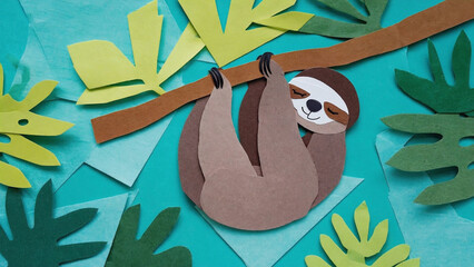 Naklejka premium papercut sloth hanging on tree branch wallpaper background.ai 