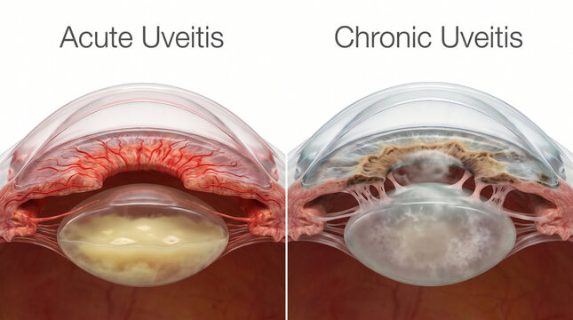 3D Medical Illustration of Acute Uveitis Compared to Chronic Uveitis