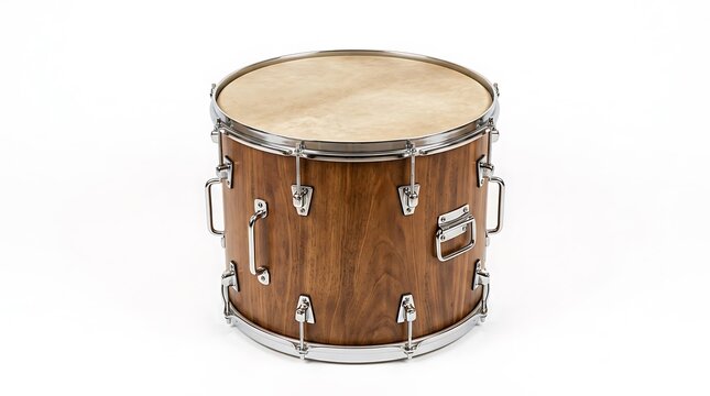 Acoustic drum with natural wood finish and chrome hardware on white background