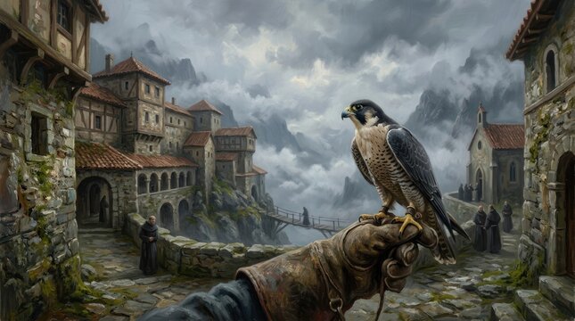 Bird of prey perched on falconer glove in mountain village