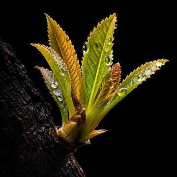 Extreme Macro of a Vibrant Sprout with Serrated Leaves Emerging from Textured Tree Bark with Clear Water Droplets on Black Background