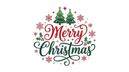 Fototapeta premium Beautiful merry christmas greeting card design with elegant calligraphy and festive green pine trees on white background