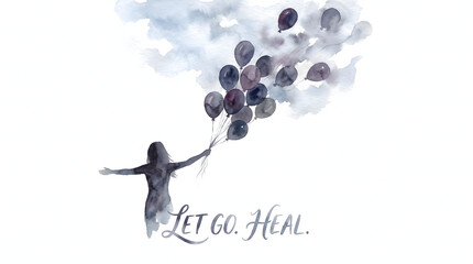Naklejka premium Watercolor silhouette of a woman releasing balloons with let go heal text for emotional wellness