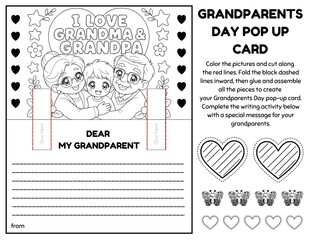 Obraz premium Grandparents Day Pop-Up Card Craft for Grades 1–3 | Printable Color, Cut, Fold & Assemble Activity with Writing Prompt, Grandma & Grandpa Appreciation Card