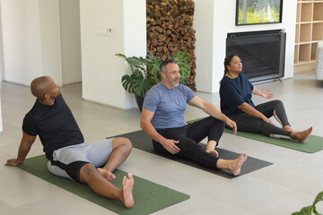 Naklejka premium Diverse adults wearing workout wear stretching on green and dark mats in living room with fireplace