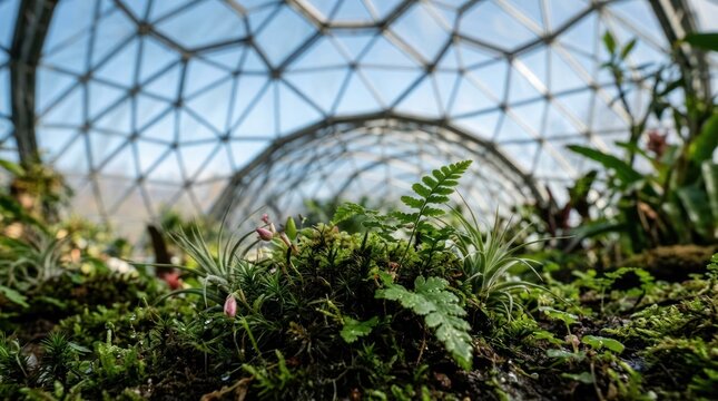 Lush greenery inside geodesic dome greenhouse