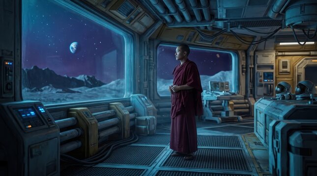 Person in robes inside futuristic spacecraft looking at lunar landscape