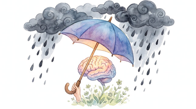 Watercolor art of a hand protecting a growing brain from storm clouds using an umbrella