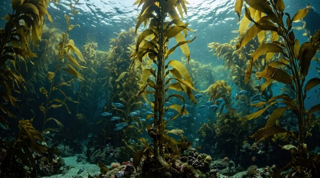 Underwater kelp forest ecosystem with small fish