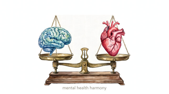 Human brain and heart in balance on a golden scale symbolizing mental health harmony watercolor