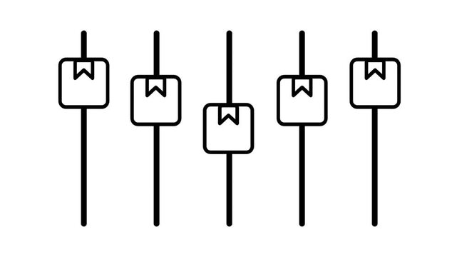 Line icon of five vertical sliders with square handles representing adjustable settings customization control and fine tuning options available design
