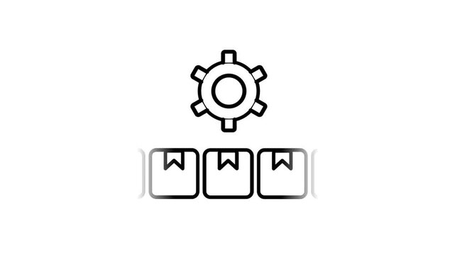 Outline icon of a gear above three small boxes representing product configuration inventory settings and package management customization tool concept