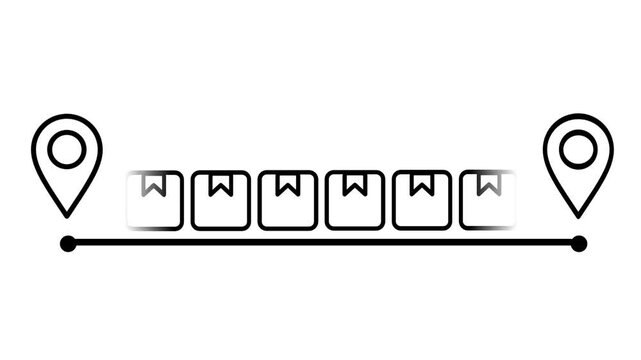 Line icon of two location pins connected by a path lined with small package markers representing a delivery route with multiple checkpoints stops