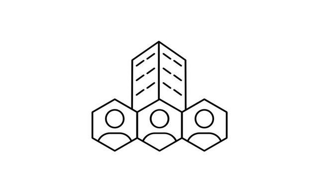 Outline icon of hexagon shapes containing people forming a honeycomb pattern representing connected community networking and social structure concept