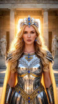 mujer, reina, reina guerrera, guerrera, fantas&iacute;a medieval, fantas&iacute;a, princesa guerrera, corona, tiara, joyer&iacute;a, zafiros, diamantes, piedras preciosas, cabello rubio, retrato femenino, retrato de belle