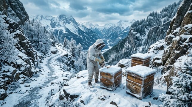 Beekeeper working with hives in snowy mountain landscape