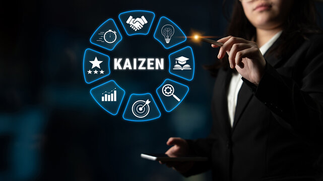 Businesswoman Presenting Concepts of Kaizen with Icons Representing Continuous Improvement and Efficiency in Corporate Environment Quark.