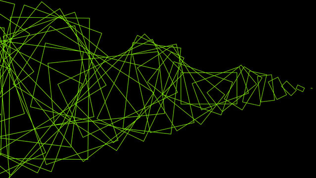 Abstract green square trail pattern flows across black background for design.