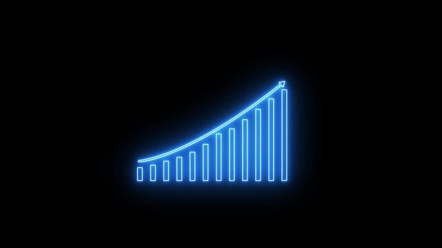 A glowing blue neon bar graph with an ascending curved arrow on a dark black background representing digital growth and technological advancement