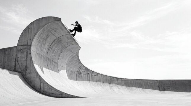 Skateboarder Performing Trick on Massive Concrete Wave Ramp