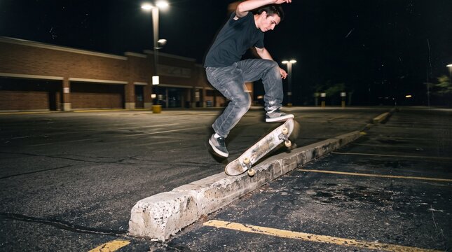 Skateboarder Performing Trick in Empty Parking Lot at Night