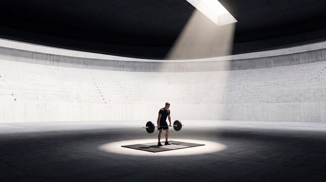 Weightlifter Lifting Barbell Under Dramatic Light in Minimalist Arena