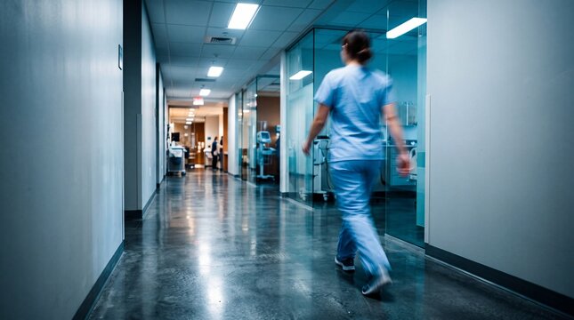 Healthcare Worker in Scrubs Walking Along Hospital Corridor