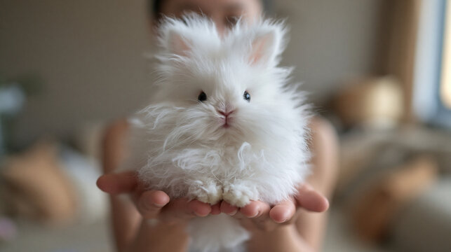 Fluffy White Baby Bunny Sitting in Hands