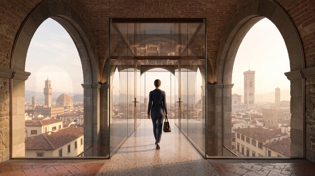 Businesswoman Walking Through Modern Glass Corridor Overlooking Florence