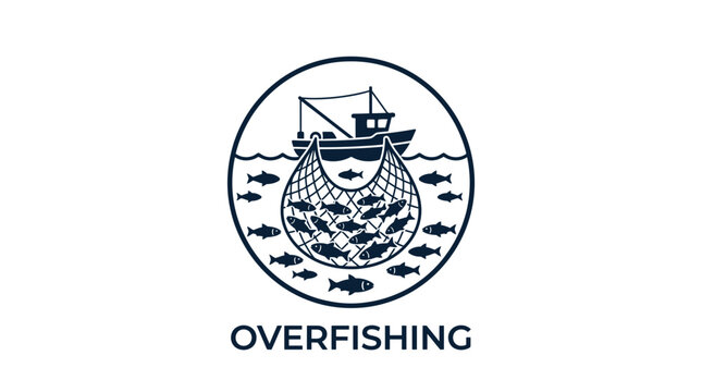Overfishing concept icon, fishing boat catching too many fish in net