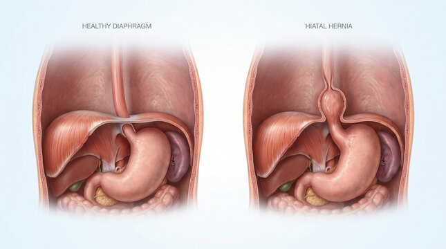 Medical Cross-Section Comparing a Healthy Diaphragm to a Hiatal Hernia